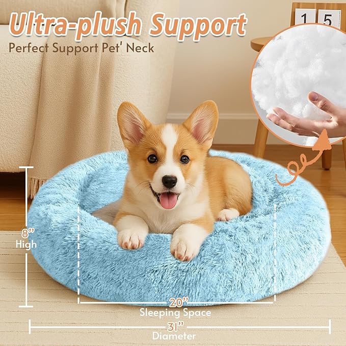 Calming Donut Dog Bed — Medium 31", Anti-Anxiety Faux Fur, Washable (Light Blue)