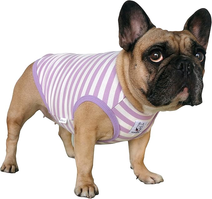 iChoue French Bulldog 100% Breathable Cotton Striped T Shirts Halloween Vest Clothes for Medium Dogs Tank Tops Frenchie Pug English Boston Terrier Pitbull Purple White Stripes - Large