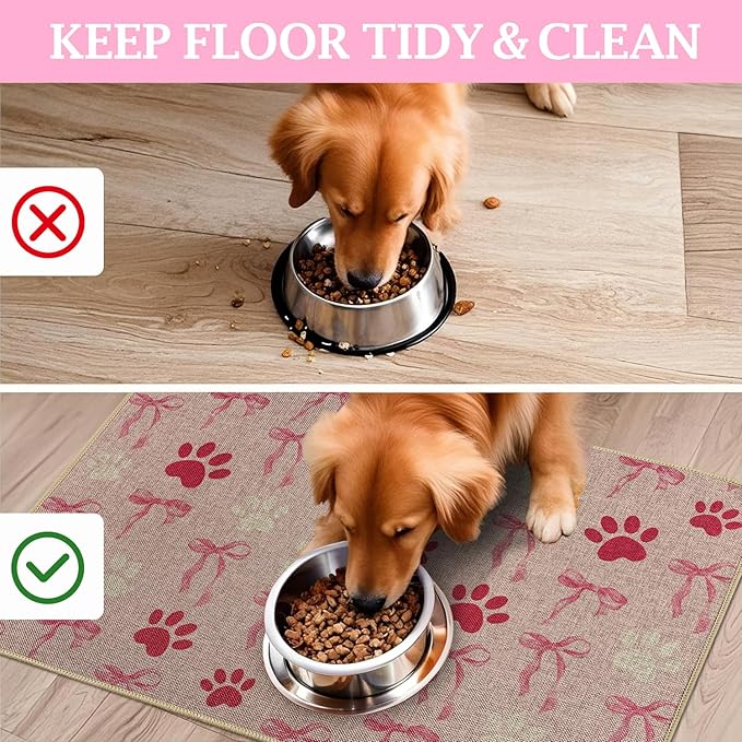 SHIYUE Dog Food Mats for Floors, Absorbent Cat Bowl for Food and Water, Non-Slip Accessories Pet Supplies(17"x30",Pink Bow Footprint)
