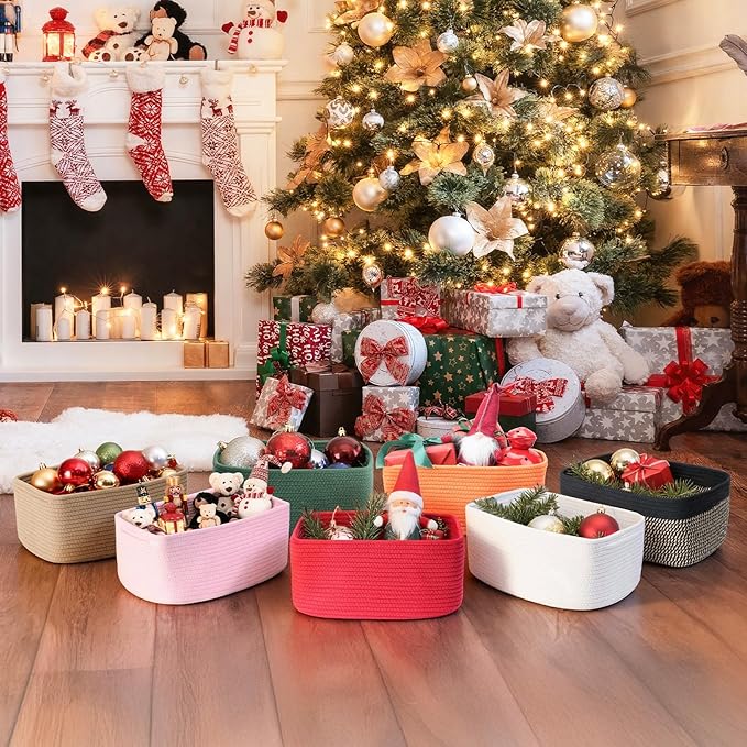 3-Pack Storage Baskets for Organizing | Woven Shelf Toy Basket | Rope Baskets for Gifts Empty | Closet Organizer Bins with Handles | Cube Decorative Box | 13.7×7.1×6.7” | Red