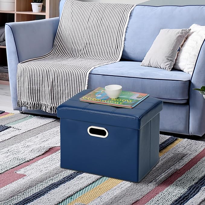 COSYLAND Storage Ottoman 17x13x13in Leather Ottoman Rectangle Footrest Footstool Folding Ottoman for Room Dorm Small Collapsible Bench Seat Organizer Entryway Furniture with Handles Lid Royal Blue