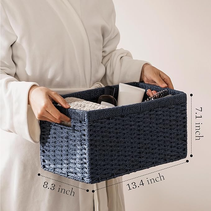 joybest Wicker Baskets, Woven Paper Rope Storage Baskets for Organizing, Rectangular Storage Bins for Shelves with Handles for Pantry, 13.4L x 8.3W x 7.1H inch, 2-pack Navy Blue