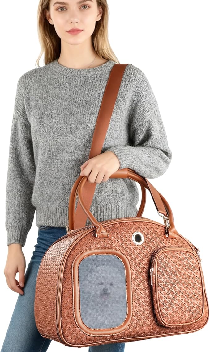 Dog Purse Carrier for Small Dogs, TSA Airline Approved Pet Tote Bag, Fashion Soft-Sided Puppy Carrier Purse with Pockets for Travel, Shopping, Daily Use (Brown, 16.1inch x 8.7inch x 12inch(LxWxH))