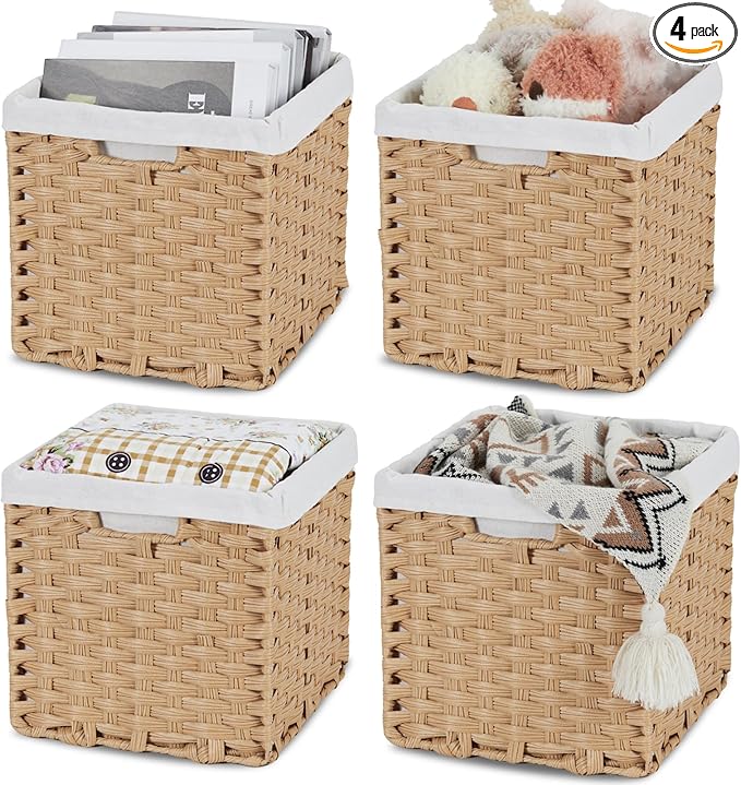 Bidtakay Wicker Storage Baskets with Liners 11x11 Storage Cube Bins with Handles Imitation Water Hyacinth 4-Pack Waterproof Woven Storage Baskets for Organizing Rattan Baskets Organizer-Natural