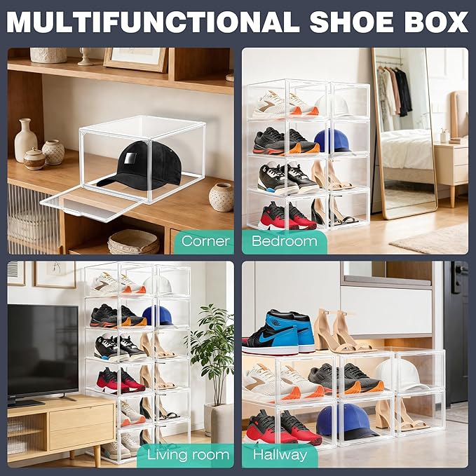 12 Pack Drop-Front Clear Shoe Boxes Acrylic Box Sneaker Boxes Size 12, Stackable Shoe Display Cases with Magnetic Door Storage Bins for Sneaker Containers Boot Figure Display