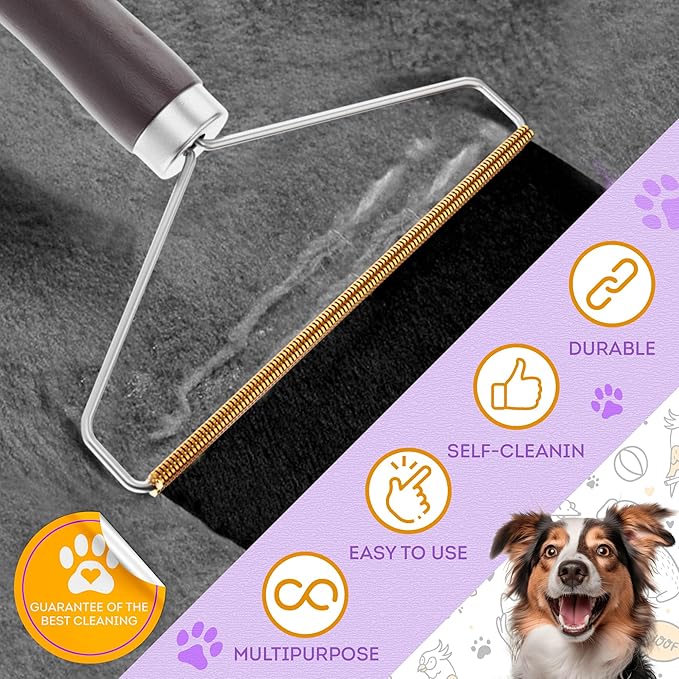 Pet Hair Remover for Furniture. Cat and Dog Fur Remover Tool. Reusable Lint Cleaner with Copper Teeth-Cutters and Wooden Handle. Metal Pet Hair Removal Tool for Carpet. Portable Couch Cleaner