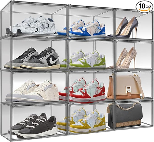 10 Pack Black Shoe Box Clear Shoe Organizer for Closet Acrylic Display Case Transparent Plastic Stackable Shoes Storage Box Handbag Organizer with Magnetic Lid, Size 14