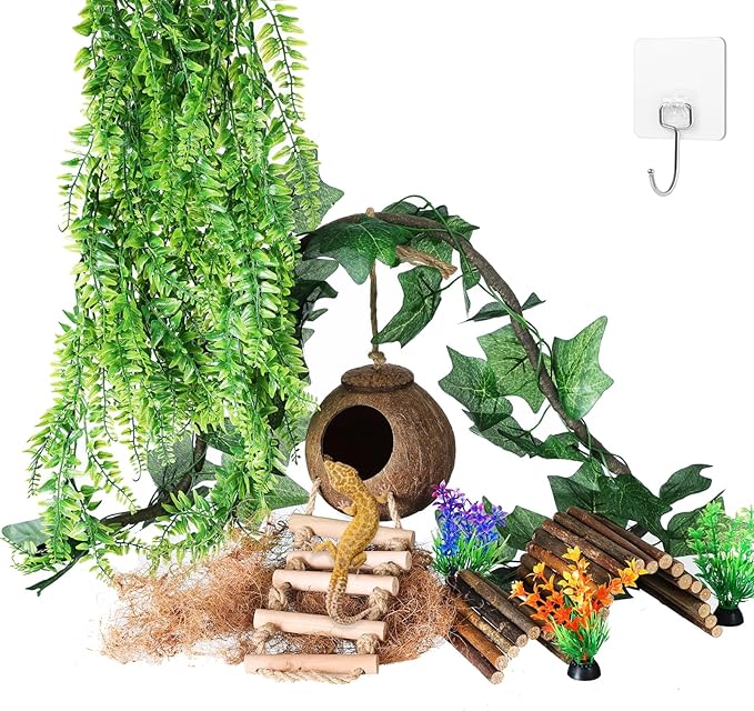 HERCOCCI Crested Gecko Tank Accessories, Reptile Hanging Plants Vines with Coconut Shell Ladder Hideout Hermit Crab Decor for Lizard, Chameleon Cage, Snakes, Hermit Crab, Leopard Gecko