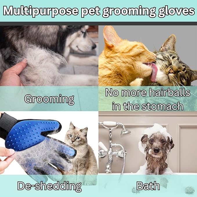 Pet Hair Remover Gloves - Gentle Deshedding & Grooming for Dogs, Cats & Horses (1 Pair, Blue)