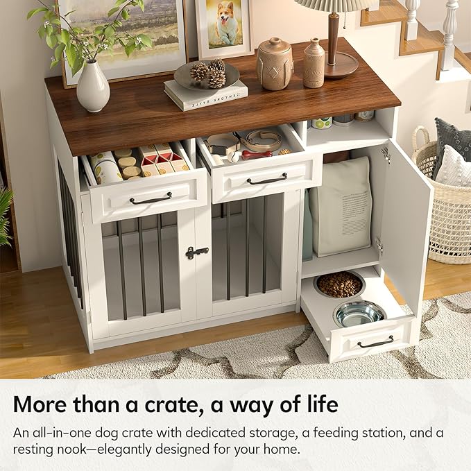 45.7" Dog Crate Furniture with Storage Drawers & Hidden Bowl, Wooden Indoor Dog Kennel Furniture with Food Storage Cabinet/Hooks, Dog Crate End Table TV Stand for Small/Medium/Large Dogs, White