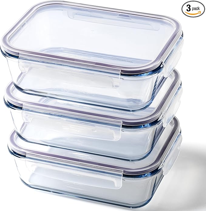 Glass Food Storage Containers | 3 Pack Large Set 52oz/6.4 cup | BPA-Free Airtight LeakProof Lid | Glass Food Containers | Glass Containers with Lids | Oven, Freezer & Dishwasher Safe