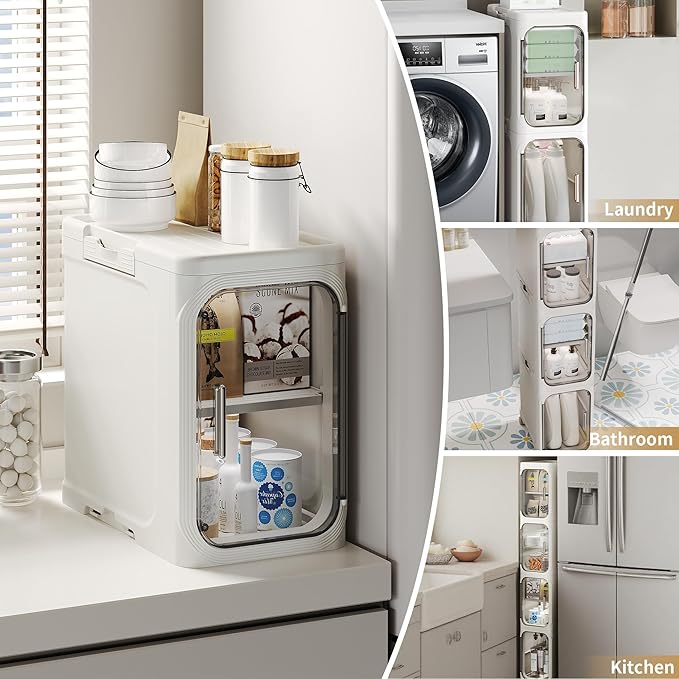 3-Tier Tall Narrow Storage Cabinet, Slim Bathroom Storage Cabinet with Adjustable Shelves and Wheels, Narrow Organizer for Small Space, Bathroom, Kitchen, Laundry, White