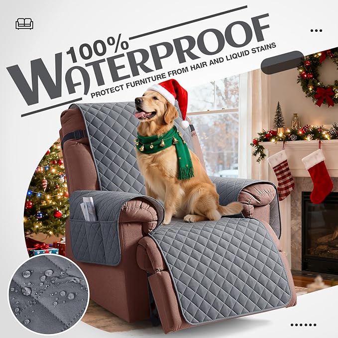 KinCam 100% Waterproof Recliner Chair Cover, Reclining Couch Covers for Pets, Dogs, Recliner Couch Slipcover Furniture Protector with Elastic Straps for Kids(28", Dark Gray)