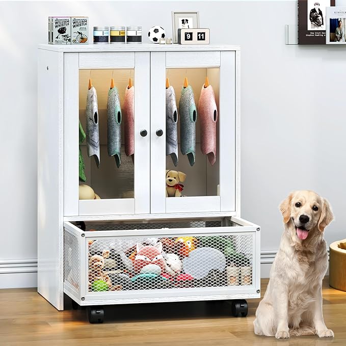 TC-HOMENY Pet Wardrobe Closet with Transparent Doors, Wooden Dog Closet with Clothes Hanger, Pet Storage Display Cabinet, Dog Toy Drawer with Wheels, Pet Organization and Storage for Pet Accessories