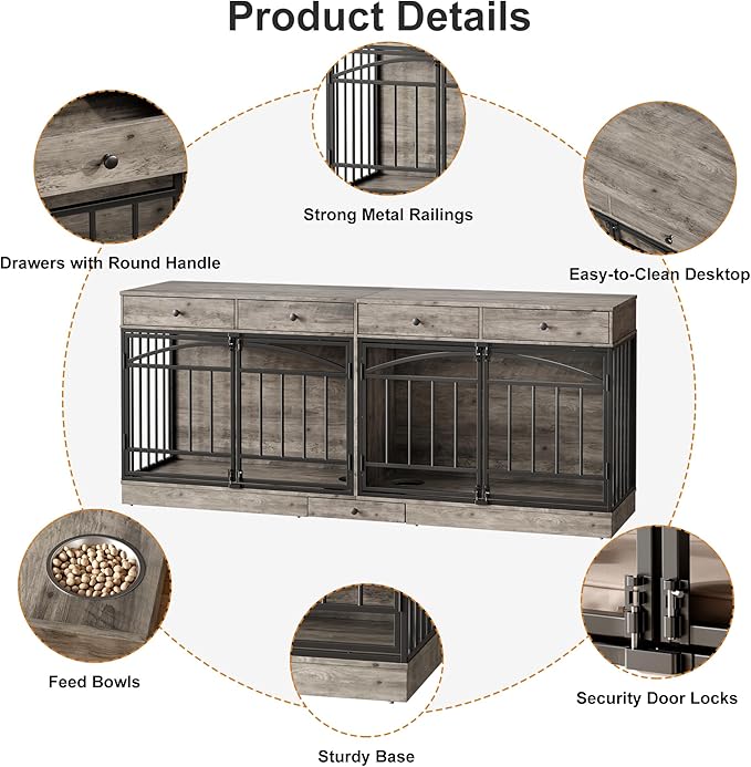 GarveeHome Dog Crate Furniture for 2 Dogs, Dog Kennel Indoor with 4 Storage Drawers and Feeding Bowls, Double Dog Crate TV Stand for Small Medium Dogs, Grey