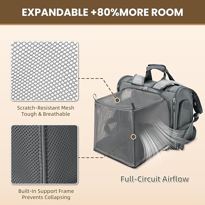 Expandable Cat Carrier Backpack — Airline Approved, Waterproof, Up to 14lbs (Dark Grey)