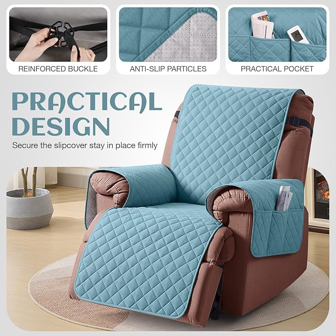 KinCam 100% Waterproof Recliner Chair Cover, Reclining Couch Covers for Pets, Dogs, Recliner Couch Slipcover Furniture Protector with Elastic Straps for Kids(28", Light Blue)