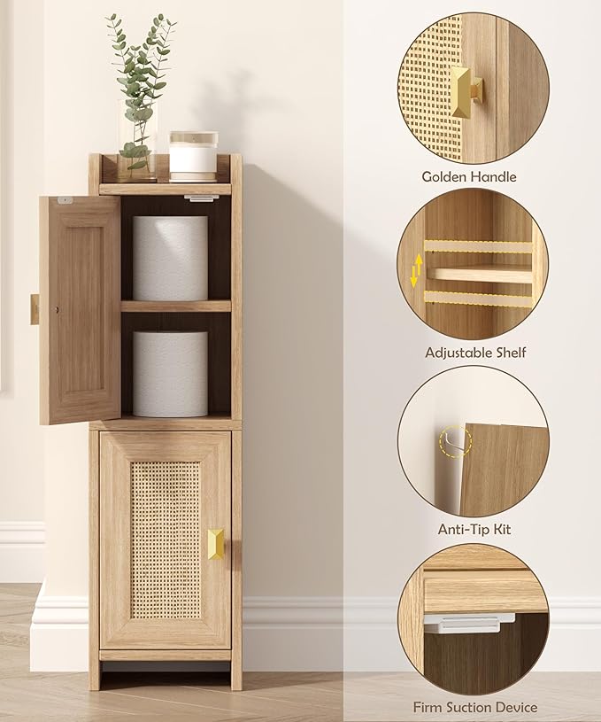 Rattan Small Bathroom Cabinet with 2 Doors, 7.9''D x 7.9''W Narrow Toilet Paper Storage Cabinet, Bathroom Organizer for Small Spaces, Wooden Slim Corner Unit with Adjustable Shelf, Natural Oak