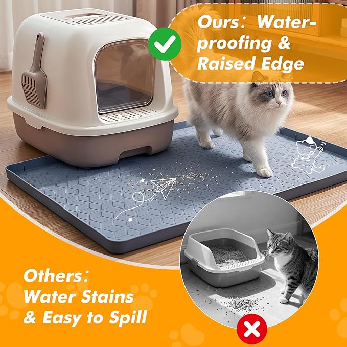 Cat Litter Mats for Floor, 34"x22" Silicone Litter Box Mat with Raised Edges, Highly Effective Litter Trapping Mat for Scatter Control, Non-Slip Waterproof Pad, Easy to Clean & Pet Friendly, Gray