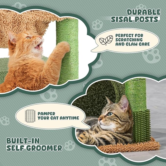 Magshion 34" Cactus Cat Tree for Indoor Cats, Multi-Level Cat Tower with Scratching Post, Condo, Top Perch, Basket, and Hanging Toys for Kittens & Small Cats, Green