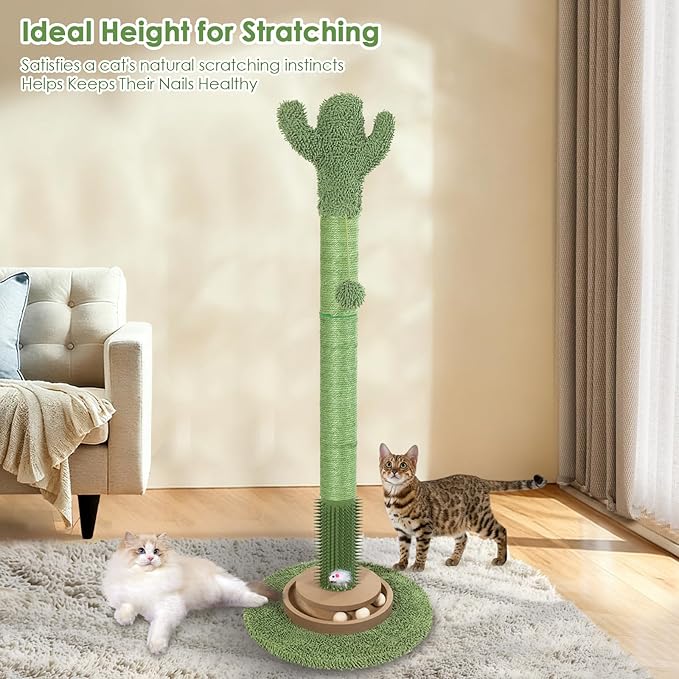 Heavy Duty Cactus Cat Scratching Post 41.5 Inch Tall for Indoor Cats, Natural Sisal Scratcher with Interactive Ball Toy & Cat Grooming Brush, Protector for Kittens & Large Cats