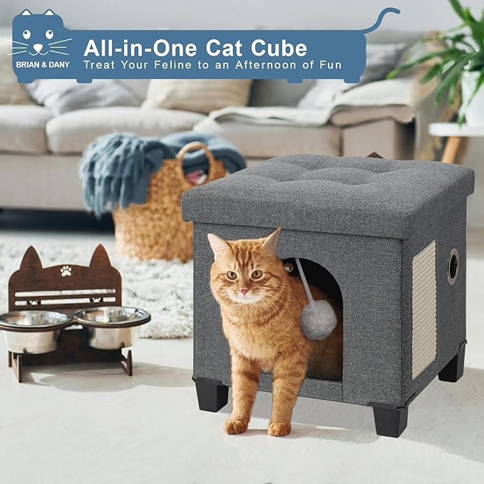 BRIAN & DANY Foldable Cat House for Indoor Cats, Large Cat Cube for Pet Cave with Scratch Board & Ball, 17.7 x 14.8 x 15 inches, Gray (Large)