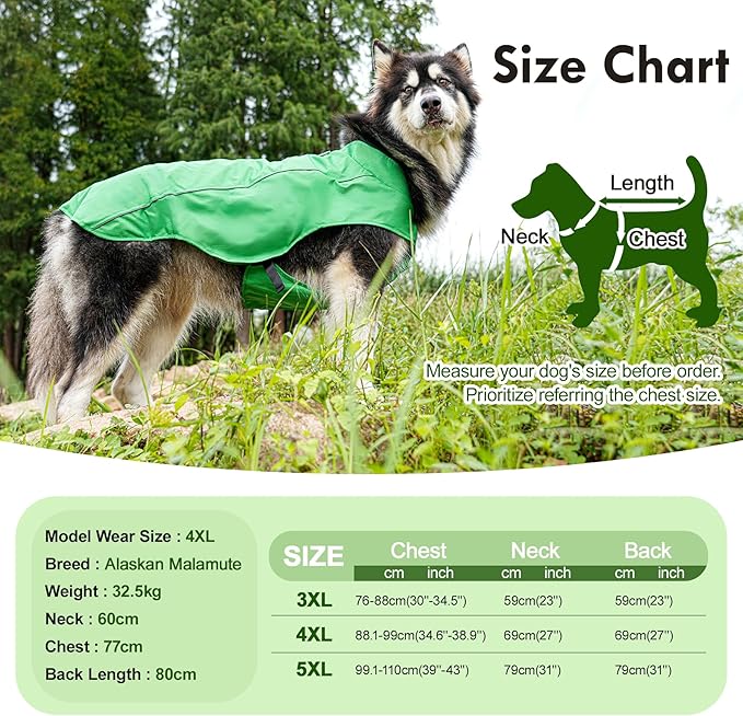 Outdoor Waterproof Dog Jacket for Large Dogs,Doggie Coats with Harness Buitl in D-Ring Warm Fleece Dog Clothes for Cold Winter,Green 3XL