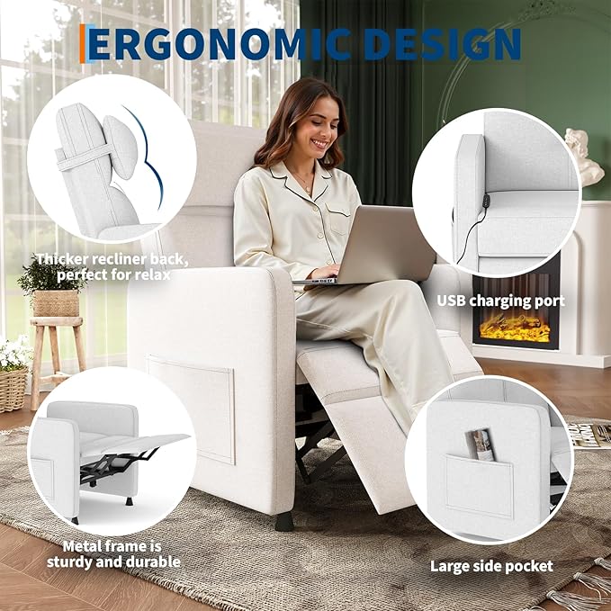 GarveeHome Power Recliner Living Room Lazy Chair Adjustable Electric Reclining Chair Home Theater Seating with Side Pockets & USB Port(White)