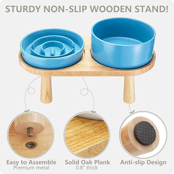 Ceramic Slow Feeder and Water Bowl Set for Medium and Large Dogs, 8.0 Inches Ceramic Dog Bowls Elevated with Wooden Stand, 2.0 Cups Dog Slow Feeder(30oz) and 70oz Water Bowl Set, Blue