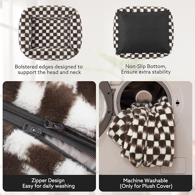 JOEJOY Dog Bed for Small Medium Dogs, Removable Washable Cover Orthopedic Soft Faux Rabbit Fur Pet Bed, Anti-Slip Fluffy Plush Puppy Bed, 25"x21"x7", Checkered, Brown
