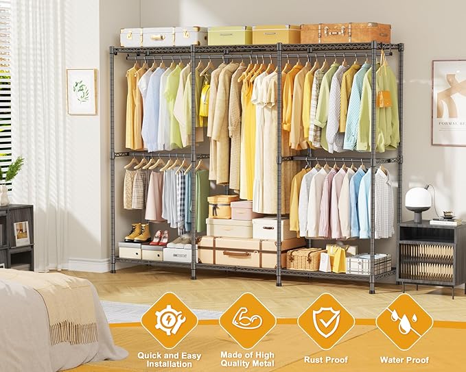 E14 Pro Heavy Duty Clothes Rack，Freestanding Clothing Racks for Hanging Clothes，Adjustable Closet Organizers and Storage，Metal Garment Rack with Shelves 69"W x16"D x77"H，Max Load 960LBS，Grey