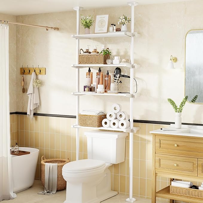 No-Drill Over Toilet Storage Shelf - 4-Tier White Bathroom Organizer
