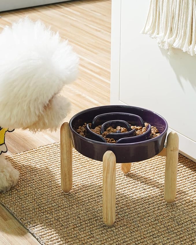 LE TAUCI Ceramic Slow Feed Raised Dog Bowls with Wooden Stand, Anti-Gulping Pet Feeding Dishes for Medium Dogs, Non-Slip, Easy to Clean, 8 Inch