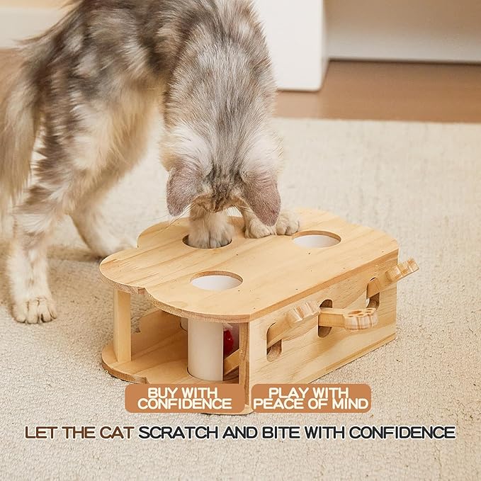 Wooden Whack-a-mole Interactive Cat Toy for Indoor Cats Interactive Pet Toy Box Cat Puzzle Toy for All Ages Cats for Indoor Play Exercise (3 Holes)