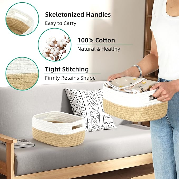Bidtakay Small Cotton Rope Storage Baskets for Organizing 3 Pack Woven Baskets for Storage Closet Organizer Bins for Shleves 11.8×7.8×5 inch Cute Boho Decorative Basket with Handles - White&Beige