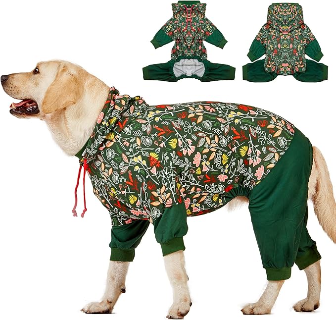 LovinPet Large Dog Onesies Big Pajamas: Wound Care/Post Surgery, Anxiety Relief, Lightweight Stretchy Fabric, Dog Pajamas,Dog Jammies, Reflective Stripe, Dew & Moss Dark Green Print, Pet PJ's/XL