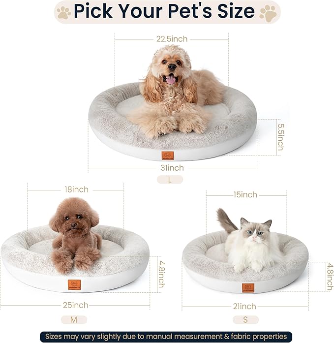 Round Donut Dog Bed – Luxury Orthopedic Dog Beds with Memory Foam – Calming Bolster Pet Bed, Water-Resistant, Washable Plush Cover, YKK Zipper – Small, Medium Dogs & Cats (25 Inches)