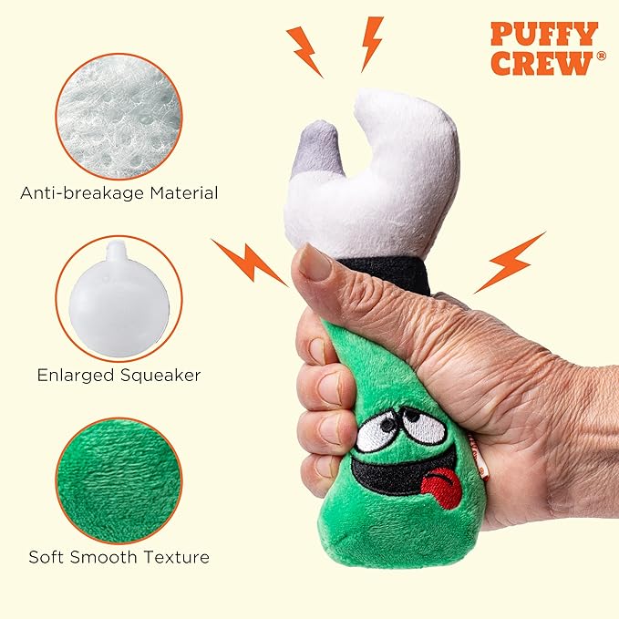 Squeaky Dog Plush Toy, Tools Bite_Stick Collection, 8", for Small and Medium Dogs (Wrench, Small)