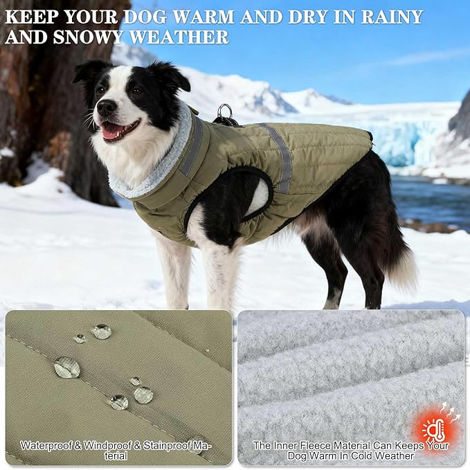 EXPAWLORER Dog Winter Coat Jacket, Thick Warm Waterproof Reflective Puppy Snowsuit With Harness Buit In, Pet Fleece Vest Soft Turtleneck With Zipper Cold Weather For Small Medium Large Dogs - Green, M
