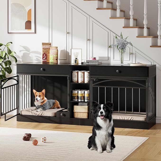 GarveeHome Dog Crate Furniture for 2 Dogs, Dog Kennel Indoor with Storage and Feeding Bowls, Double Dog Crate TV Stand for Small Medium Dogs, Black