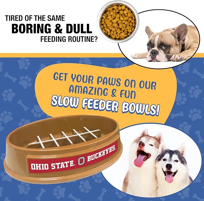 NCAA Super-Bowl - Ohio State Buckeyes Slow Feeder Dog Bowl. Football Design Slow Feeding Cat Bowl for Healthy Digestion. Non-Slip Pet Bowl for Large & Small Dogs & Cats
