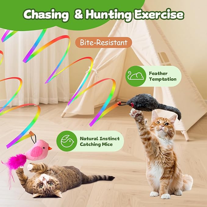 Hanging Door Feather Toy Mouse & Ribbon Wand Teaser-Flying Birds cat Toys