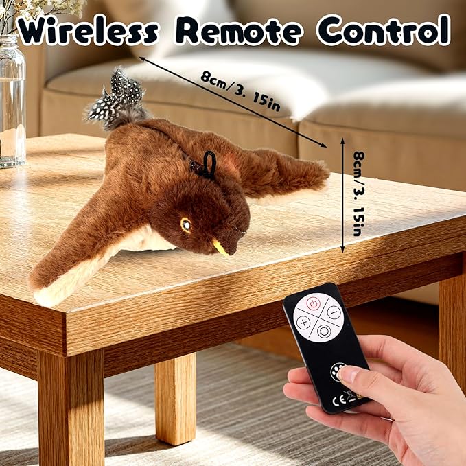 Flappy Chase Cat Toy, 2026 New Interactive Chirping Flying Bird Cat Toy with Remote Control, Chirping Bird Cat Toy Flapping Wings, Flying Interactive Simulation Electric Cat Toy (Brown) (A)