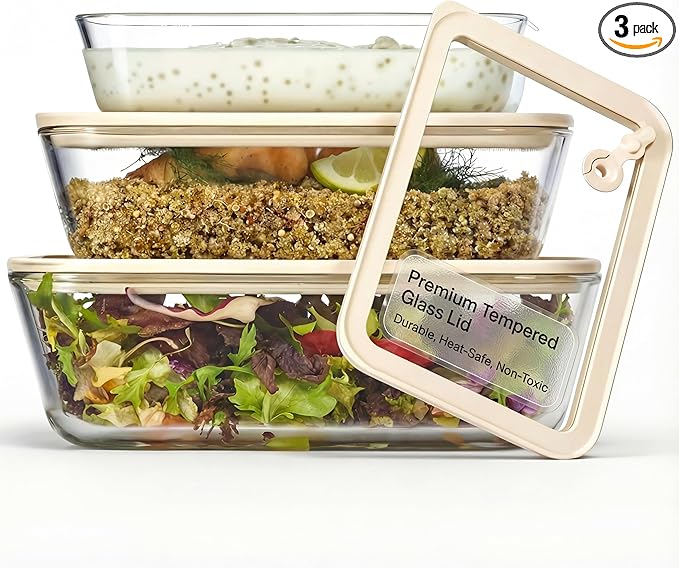 Glass Storage Container Set, Borosilicate Glass, Tempered Glass Lids, Baking Pan, Airtight with Vents, Microwave, Oven & Dishwasher Safe, (Rectangular - Set Of 3)