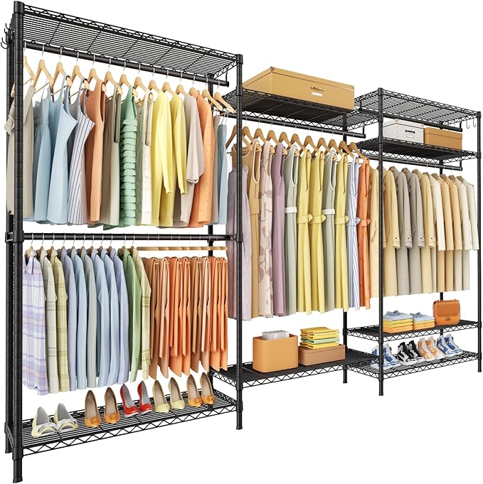 Ulif E13 Max Heavy Duty Clothes Rack（With 4 Hanger Rods & 8 Shelves） Freestanding Clothing Racks for Hanging Clothes，Adjustable Closet，Metal Garment Rack 86" W x16 D x77 H，Max Load 1100LBS，Black