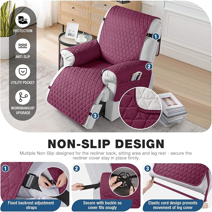 TAOCOCO 100% Waterproof Recliner Cover - Recliner Chair Covers with Non-Slip Granule, Elastic Band, Wine, Oversized-30''