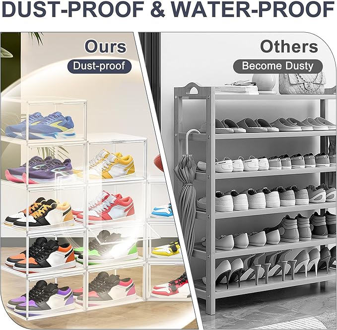 5 Pack Clear Shoe Boxes Size 12 Shoe Storage Organizer for Closet Stackable Shoes Rack Handbag Organizer Plastic Sneaker Storage Bin with Magnetic lids