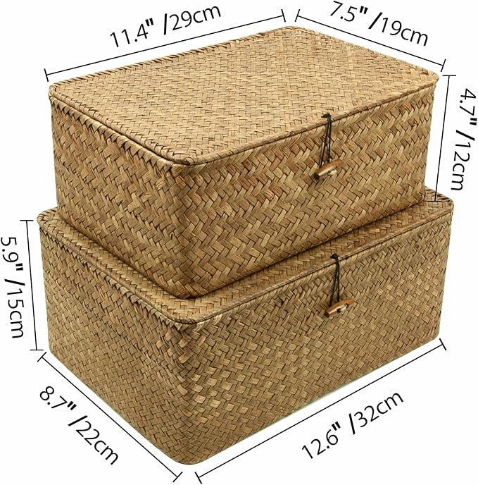 Wicker Storage Baskets with Lid, Set of 2 Handwoven Seagrass Household Organizer Basket Bins Decorative Boxes Storage Containers for Shelves Drawers Desk Closet Pantry Playroom Classroom