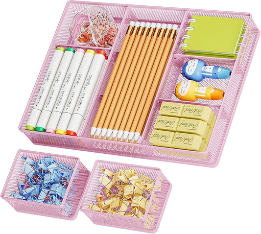 Marbrasse 3 Packs Desk Drawer Organizers, Metal Mesh Dividers with 9 Adjustable Compartments, Pen Organizer for Drawer Tray Box Accessories for Desktop,Kitchen, Makeup(Pink)