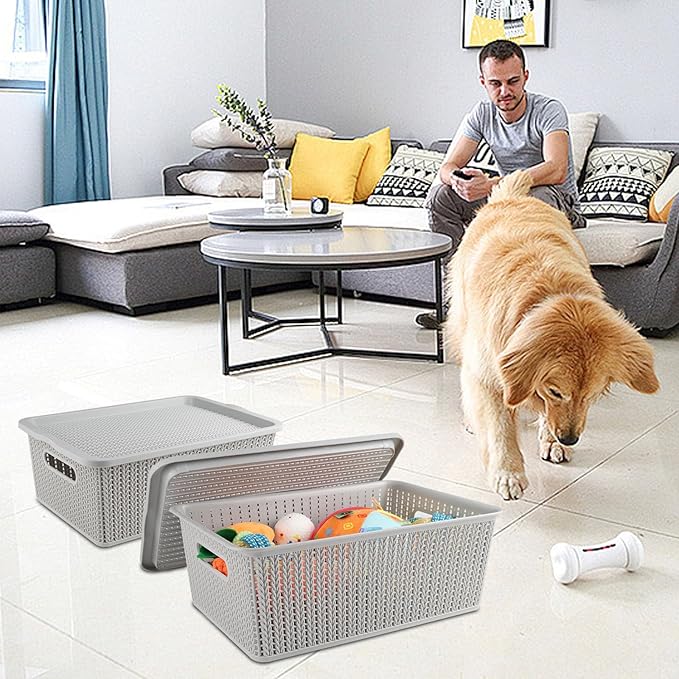 Geyecete Dog toy basket storage bins Stackable Plastic Pantry Bins with Lids Storage Basket torage bins with lids Pet/Pet Toy Storage Bin Doy Toy Box(2 PACK)
